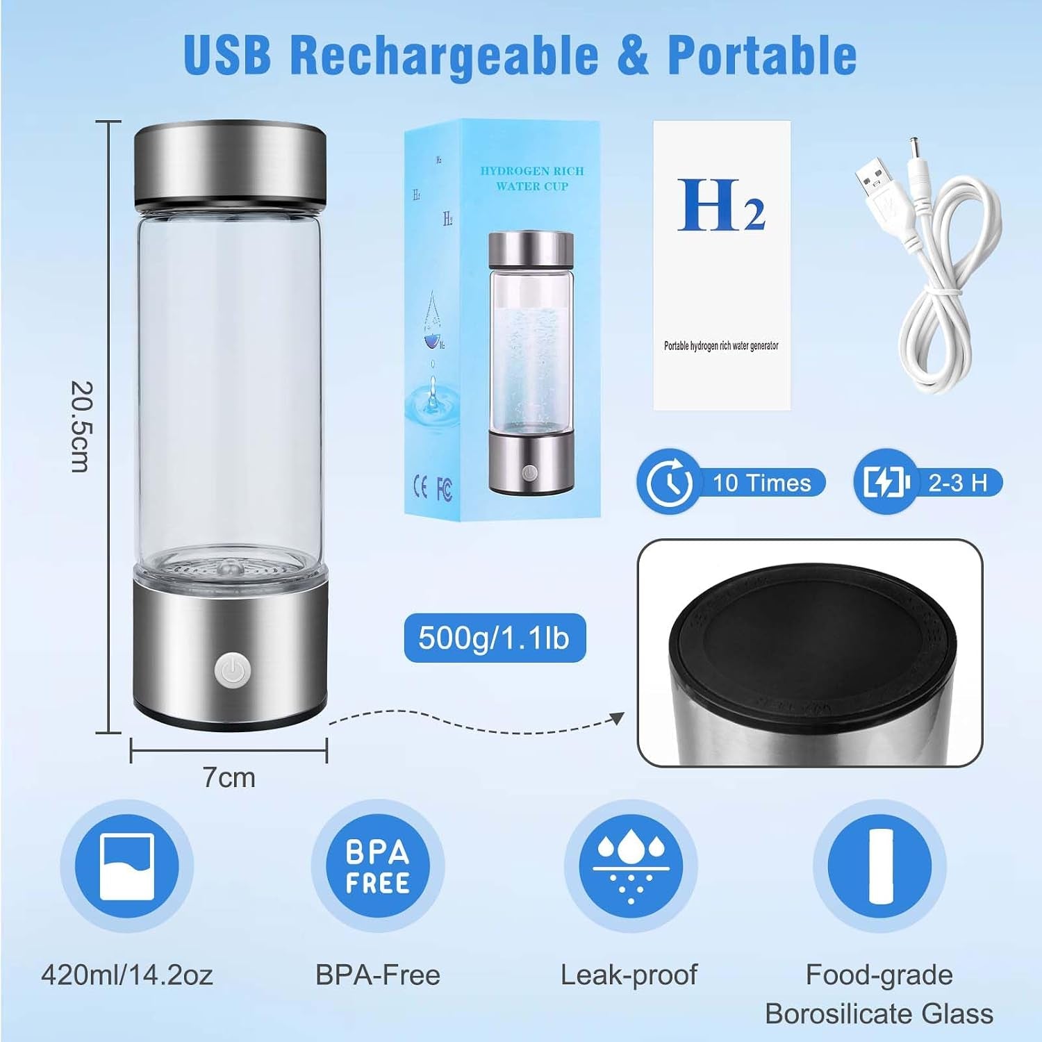 Hydrogen Water Bottle, 420ML Portable Hydrogen Water Generator with 3-Minute Electrolysis, USB Rechargeable, SPE PEM Technology, Hydrogen-Rich Water for Home, Office, Travel