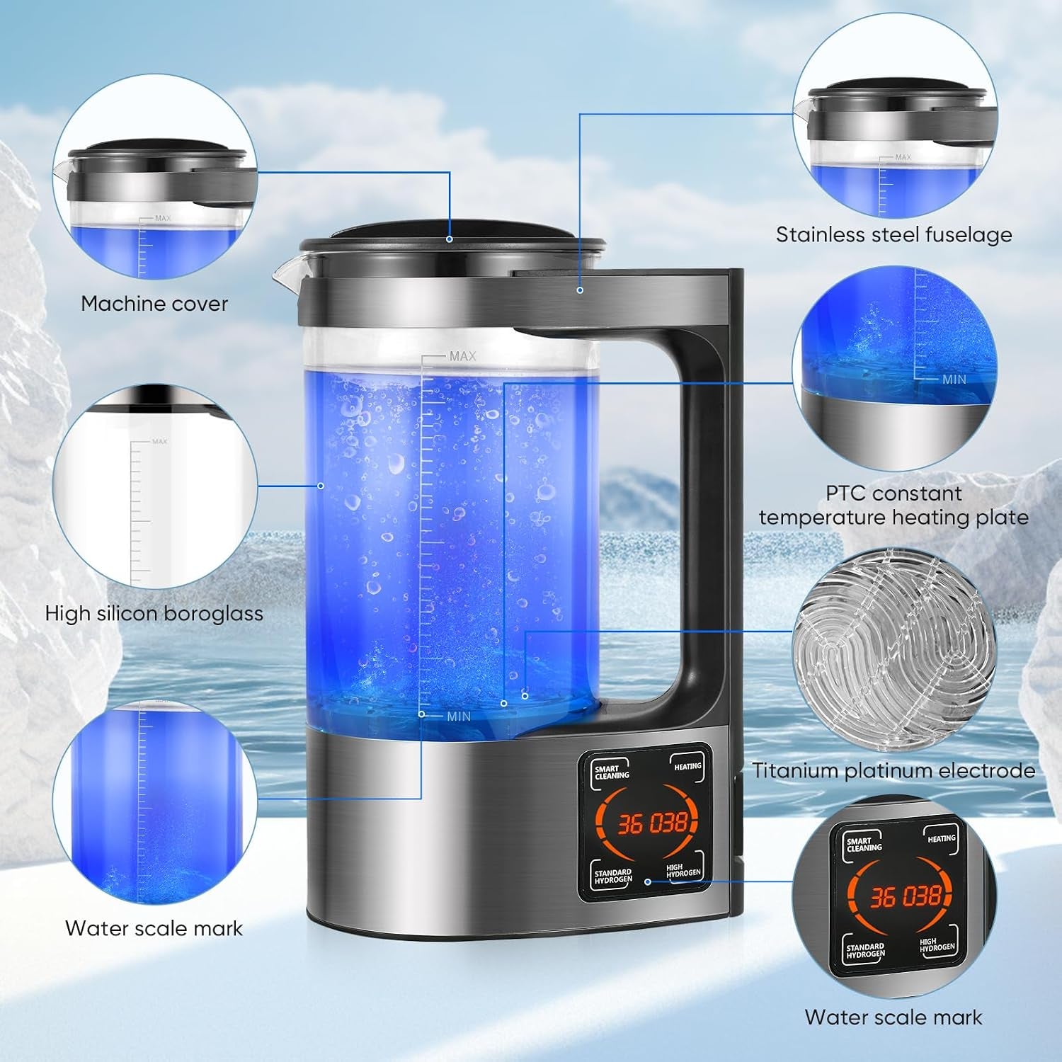 Hydrogen Water Generator, 2L Large Capacity Hydrogen Rich Water Machine Water Ion Generator Portable Ionizer Maker Machine with Thermostat Function & Touch Control LED Display for Office Families