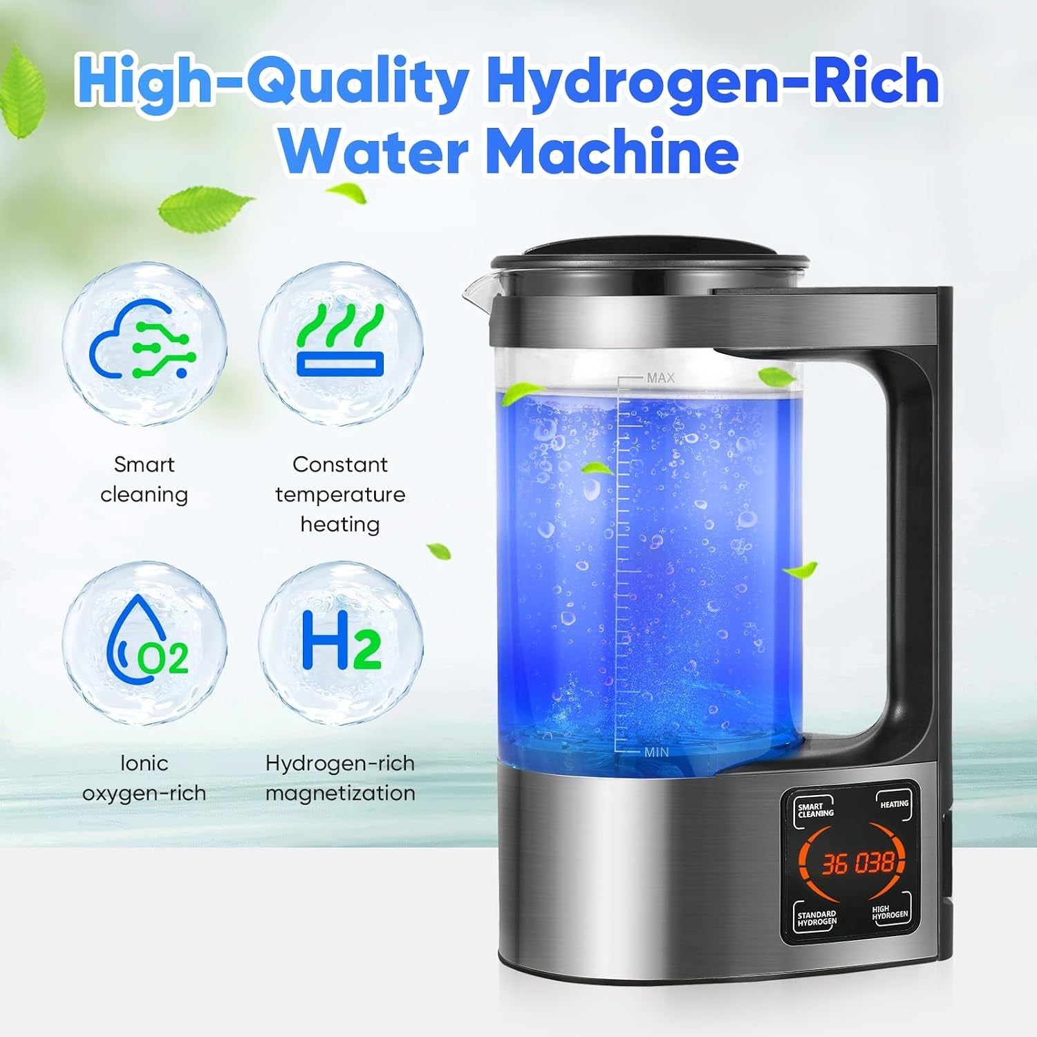 Hydrogen Water Generator, 2L Large Capacity Hydrogen Rich Water Machine Water Ion Generator Portable Ionizer Maker Machine with Thermostat Function & Touch Control LED Display for Office Families