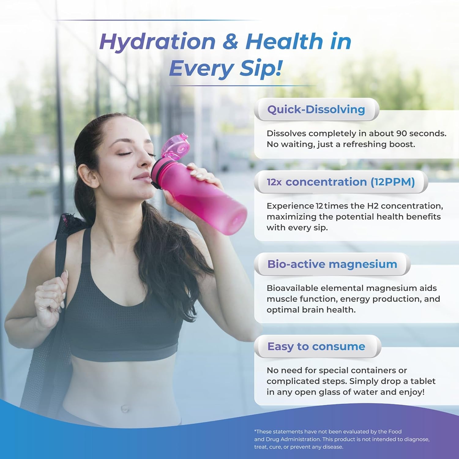 H2 Molecular Hydrogen Water Tablets with Magnesium – 12 PPM Effervescent Hydrogen Tablets for Drinking Water, Supports Hydration, Energy & Metabolism, Unflavored, 30 Tablets