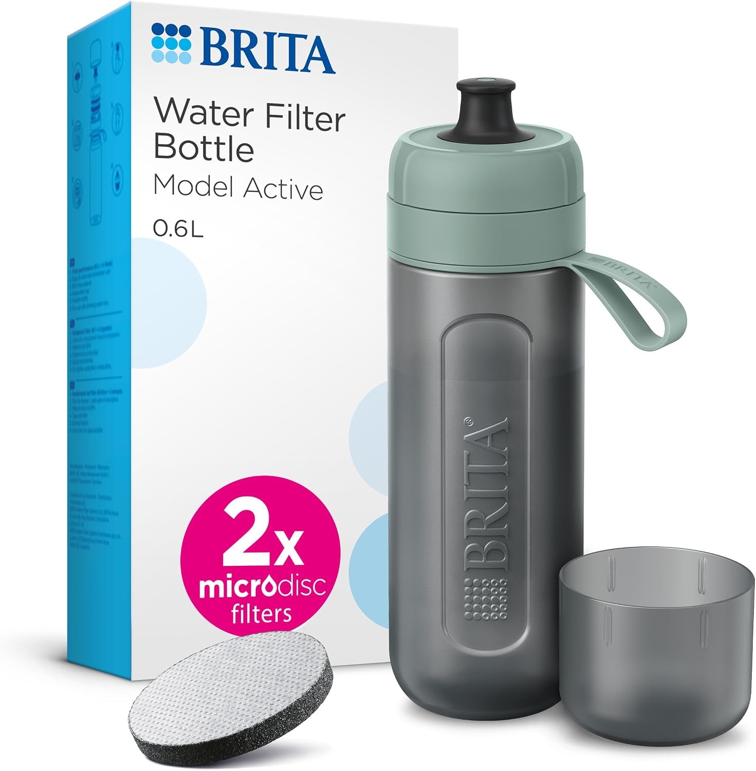 Sports Water Filter Bottle Model Active Dark Green (600Ml) Incl. 2X Microdisc Filters - Squeezable Bpa-Free On-The-Go Bottle, Filters Chlorine, Organic Impurities, Hormones & Pesticides
