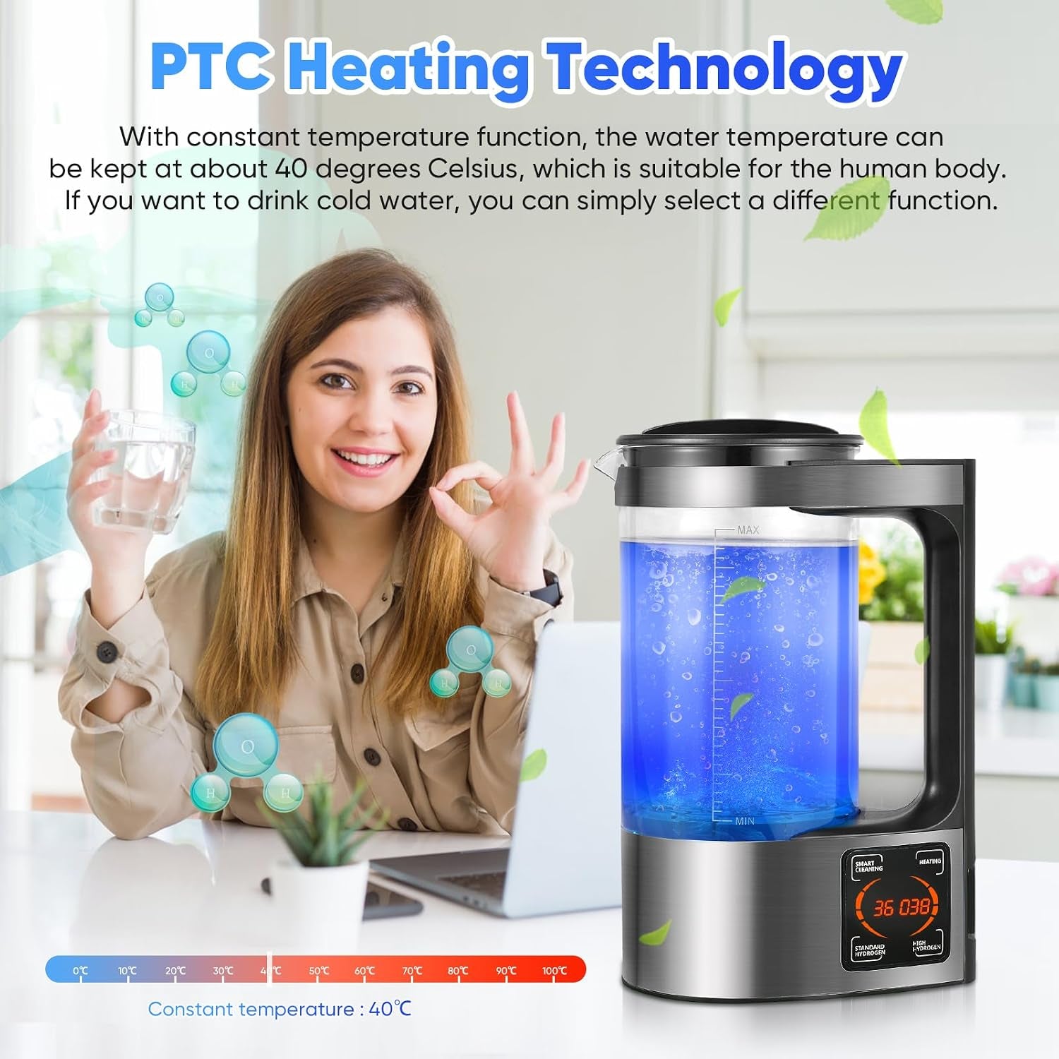 Hydrogen Water Generator, 2L Large Capacity Hydrogen Rich Water Machine Water Ion Generator Portable Ionizer Maker Machine with Thermostat Function & Touch Control LED Display for Office Families