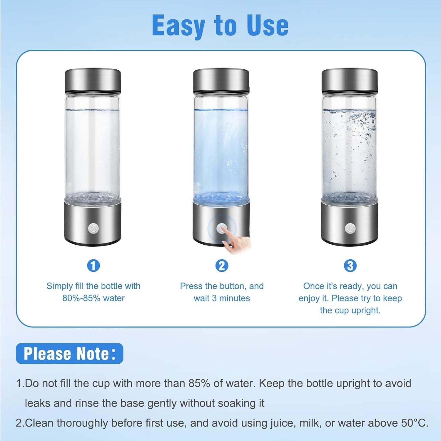 Hydrogen Water Bottle, 420ML Portable Hydrogen Water Generator with 3-Minute Electrolysis, USB Rechargeable, SPE PEM Technology, Hydrogen-Rich Water for Home, Office, Travel